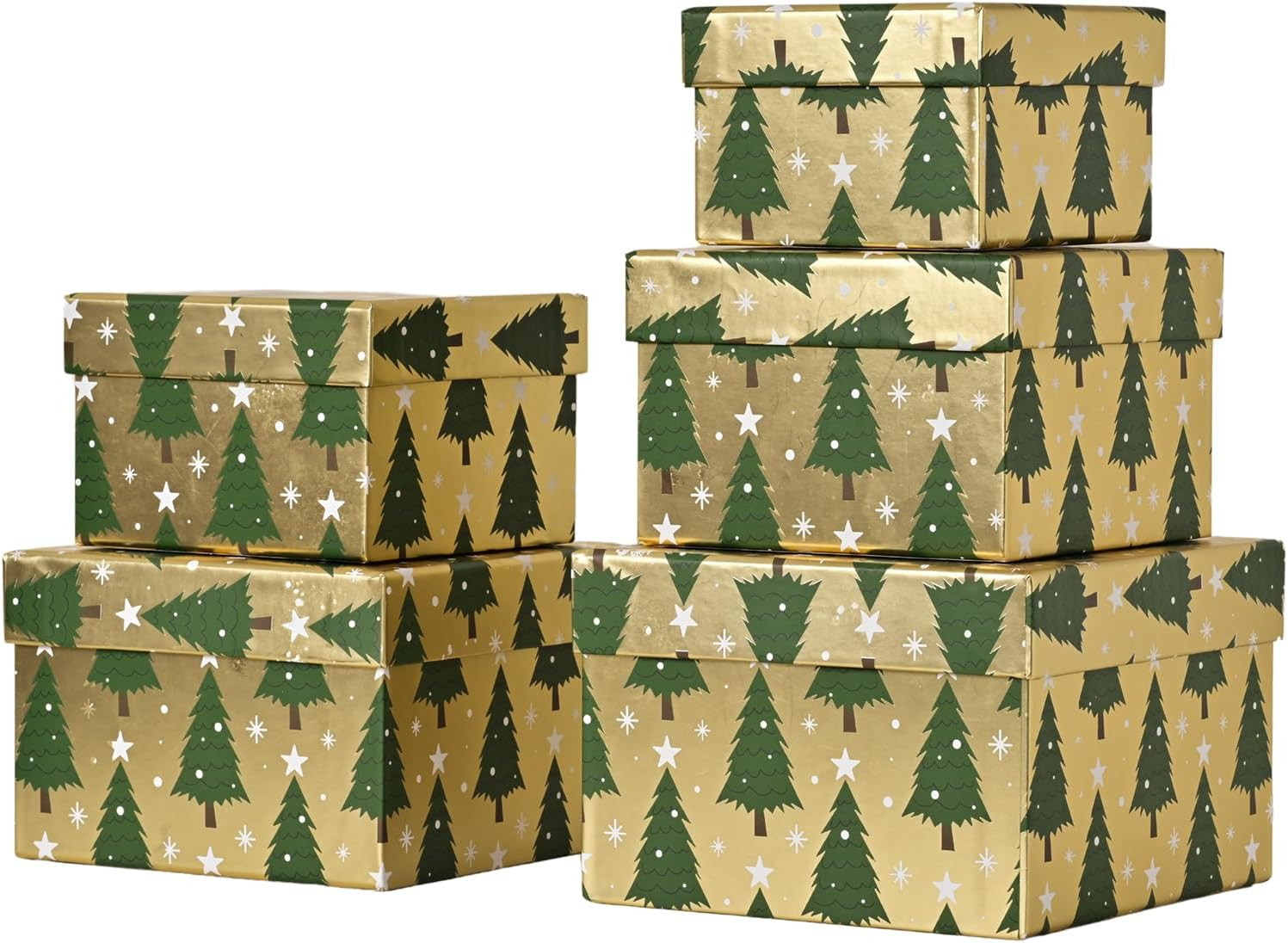 PAPER FAIR 5PCS Christmas Nesting Gift Boxes Set, Gold Foil Green Xmas Tree Flat Square Cardboard... | Amazon (US)
