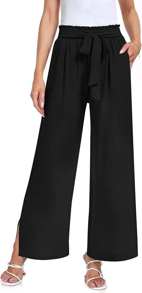 UEU Women's Wide Leg Casual Pants High Waisted Adjustable Tie Knot Business Work Trousers with Po... | Amazon (US)