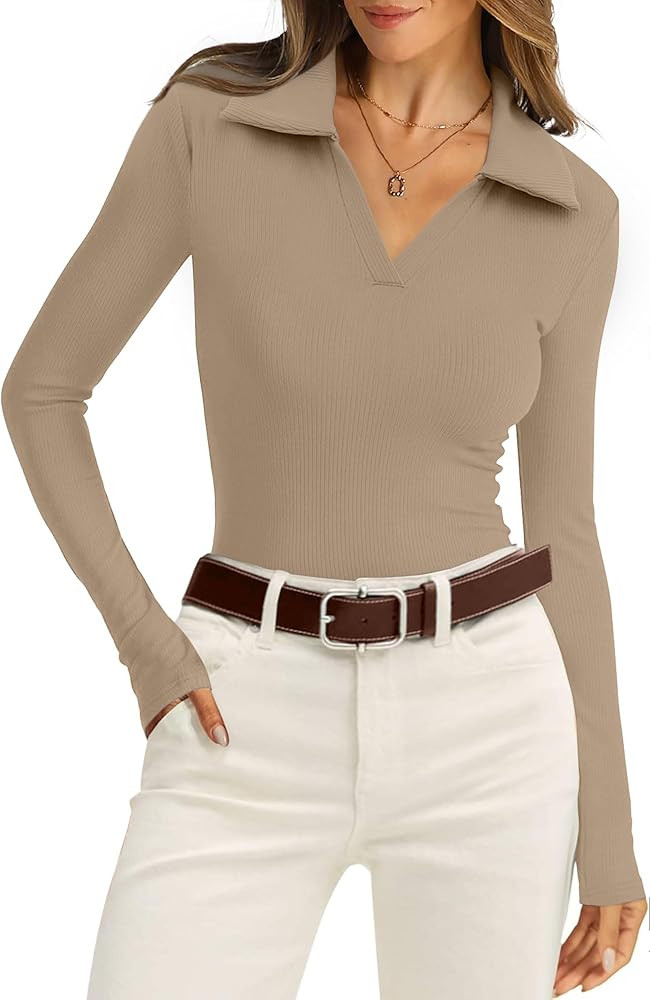 WIHOLL Womens Polo Shirts Long Sleeve Business Casual Tops Collared V Neck Ribbed Knit Sweater Sl... | Amazon (US)