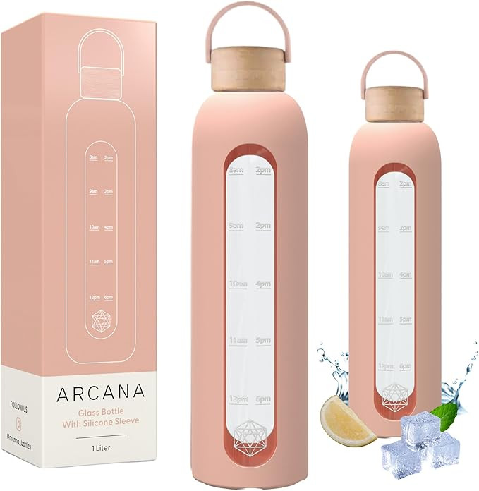 Glass Water Bottle With Time Marker - Borosilicate Reusable Waterbottle With Silicone Sleeve - Fo... | Amazon (US)