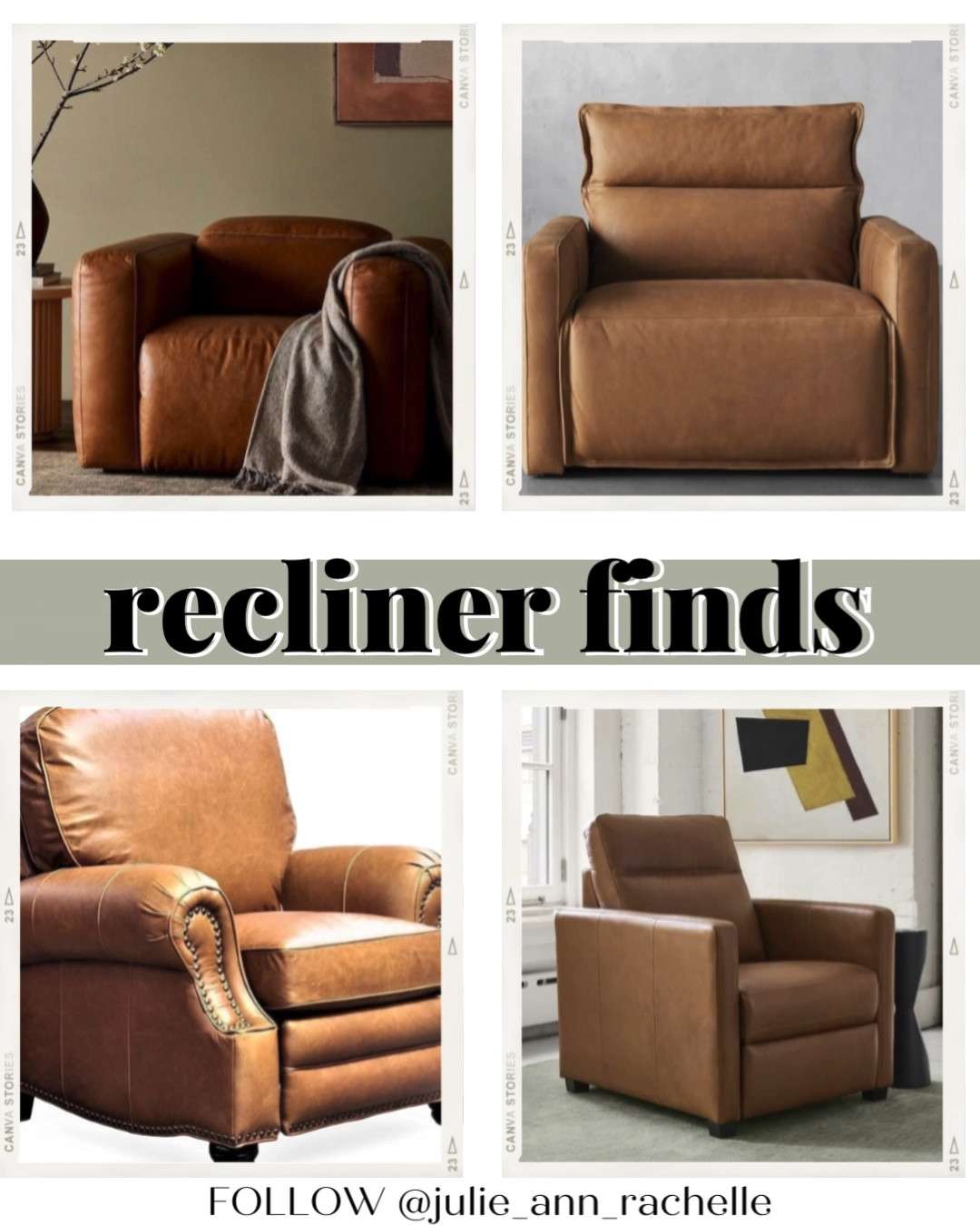 Elevate Your Living Space with Stylish Comfort

Sink into luxury with our curated selection of recliners, designed to blend comfort and style seamlessly into any living space. Each recliner offers unique features to enhance your relaxation experience.

West Elm Recliner
**Personalized Comfort and Timeless Style**
Enjoy effortless reclining with the West Elm Recliner. Its beautifully distressed leather and top-grain cushions in Sonoma Butterscotch provide a plush seating experience. The zero-clearance design allows you to recline even when placed close to a wall, making it a versatile choice for any room.

West Elm Power Recliner
**Smart Design and Durability**
The West Elm Power Recliner combines luxury with technology. It offers customizable reclining angles and a built-in USB port to keep your devices charged. Available in various leather finishes, it is built to Contract Grade standards for exceptional durability.

Arhaus Leather High-Back Motion Recliner
**Artisan Craftsmanship**
The Arhaus High-Back Recliner, dressed in rich, artisan-finished leather, exudes sophistication. The cushions with flanged edges offer a relaxed look, and the two-button controls provide smooth reclining for ultimate comfort.

Amazon BarcaLounger Longhorn II Leather Recliner
**Classic Elegance and Comfort**
The Amazon BarcaLounger Longhorn II features genuine Chaps Saddle top-grain leather with rolled arms and brass nailhead trim. Push back to recline without an unsightly handle. Its hardwood plywood frame and mortise and tenon joints ensure lasting durability, backed by a one-year warranty.



Transform your living space with these luxurious recliners. Explore further to find the perfect blend of comfort and style for your home.

#LTKMens #LTKHome #LTKVideo
