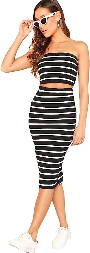 SheIn Women's 2 Pieces Striped Crop Bandeau Top and Split Skirt Set | Amazon (US)
