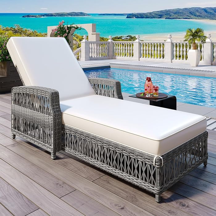 Outdoor Long Reclining Chaise, Wicker Lounge with Armrests, Patio Adjustable Recliner with Soft R... | Amazon (US)