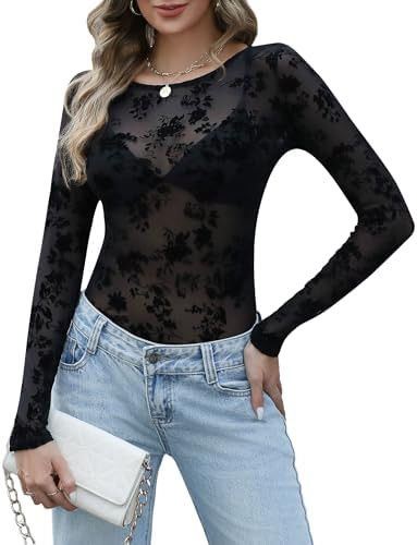 KTILG Womens Lace Long Sleeve Boat Neck Tops Sheer Blouse Sexy See Through Shirt Mesh Top S-XXL | Amazon (US)