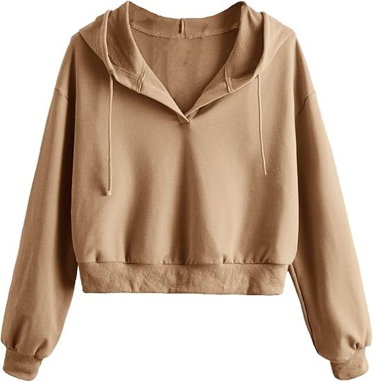 Verdusa Women's Long Sleeve Drop Shoulder Drawstring Crop Hoodie Sweatshirt | Amazon (US)