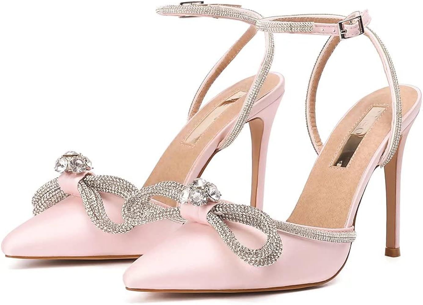 Women's Satin Lace Up High Heel Sandals Ankle Buckle Straps Pump Rhinestone Strip Bowknot Pointed To | Amazon (US)
