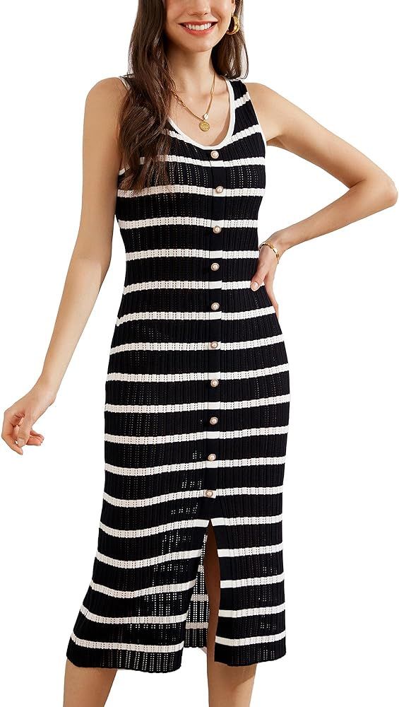 GRACE KARIN 2024 Women's Summer Midi Dresses Sleeveless Hollow Out Crochet Sweater Knit Dress Fro... | Amazon (US)