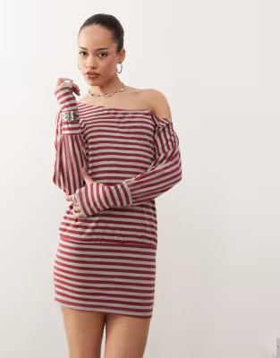 Motel Zylina slouchy stripe mini dress in burgundy gray | ASOS (Global)