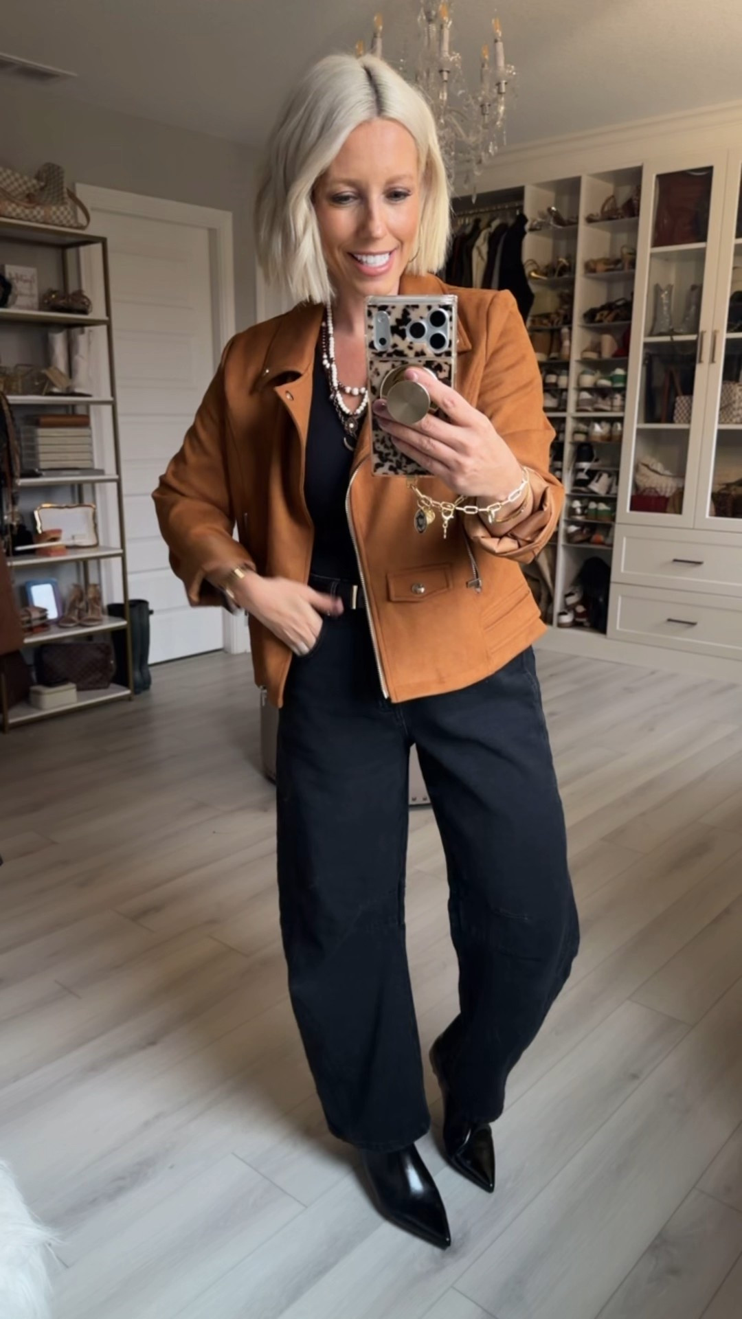 I have the black leather version of this jacket and love it so much I ordered this brown suede version!!
⬇️⬇️⬇️
Wearing size medium in everything! 
Boots sized up 1/2 size 

#LTKFindsUnder50 #LTKSaleAlert #LTKHoliday
