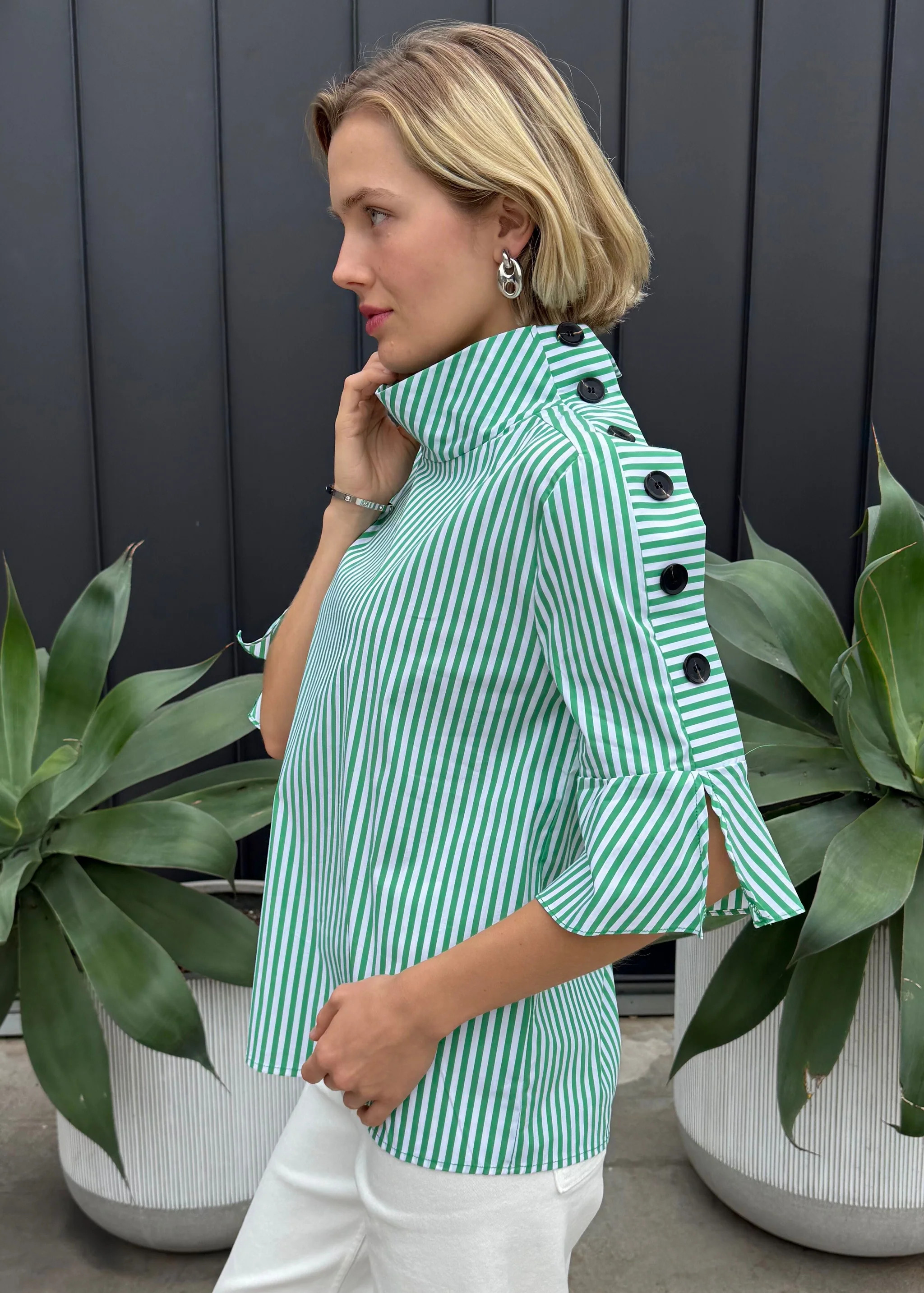Kya Striped Button Blouse - Green Short Sleeve | Benaar La