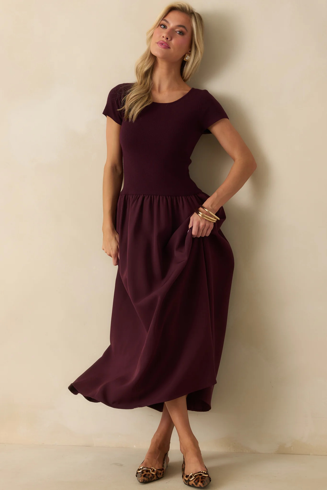 All Is Well Wine Red Ribbed Knit Bodice Short Sleeve Maxi Dress | Red Dress