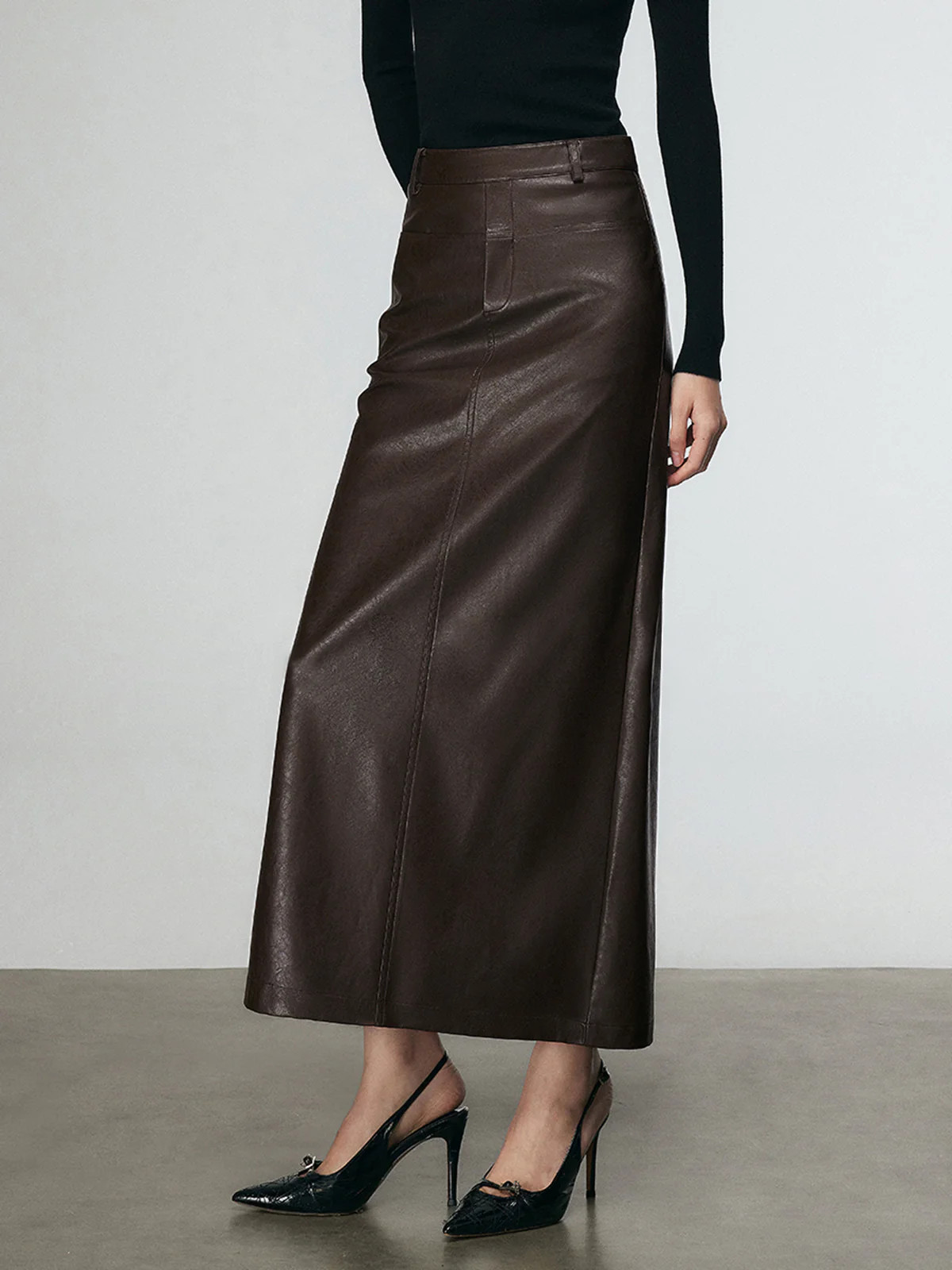 Faux Leather Split Midi Skirt | Commense