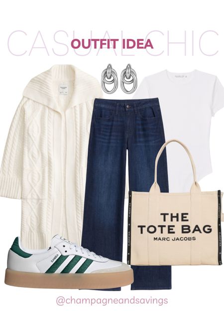 Casual chic outfit idea featuring a duster cardigan, wide leg jeans, adidas sambas, white bodysuit,  silver earrings, and the Marc Jacob’s tote bag. Cute winter outfits have never been easier with these closet staples!

#LTKSeasonal #LTKstyletip #LTKfindsunder100