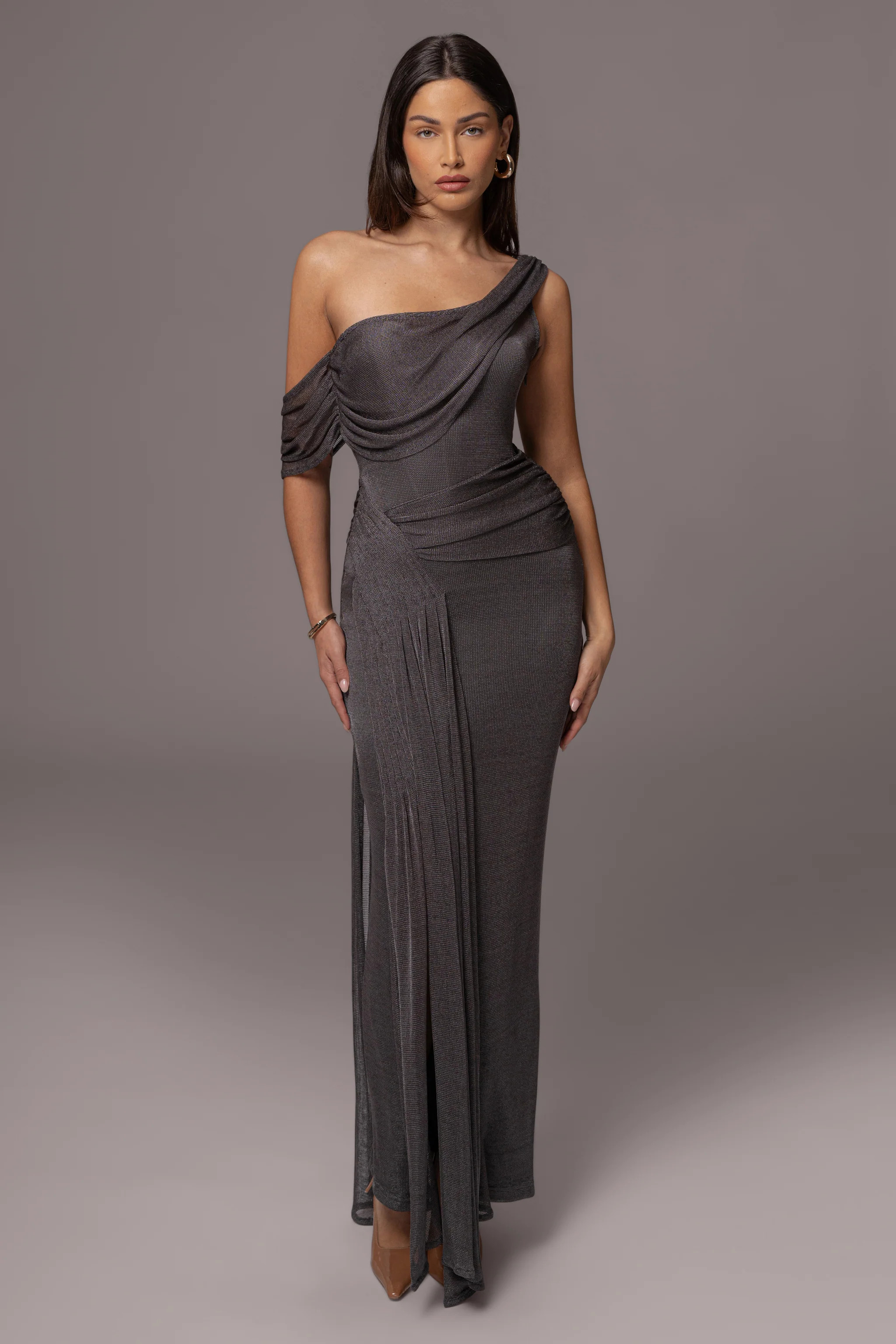 Gun Metal Draped Metallic Maxi Dress | JLUXLABEL