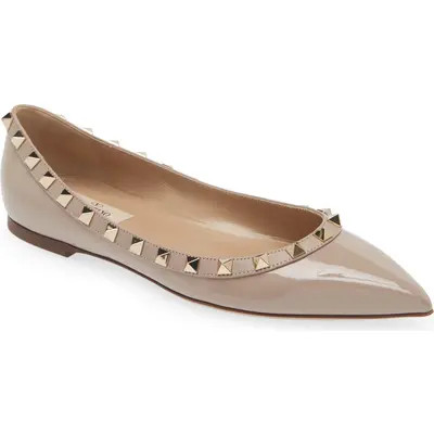 Valentino Garavani Rockstud Pointed Toe Ballerina Flat in N91 Nero/poudre at Nordstrom, Size 5Us | Nordstrom