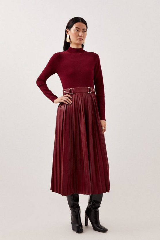 Pu Knit Pleated Skirt Midi Dress | Karen Millen US