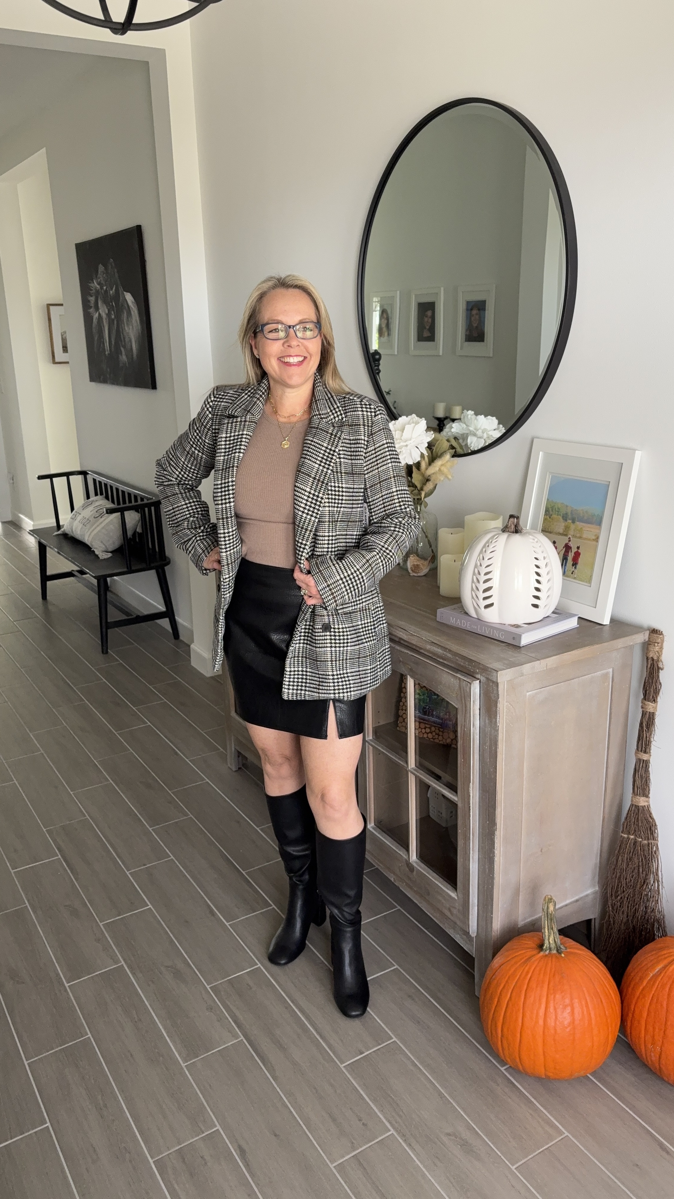 Old Navy Plaid fall double breasted blazer paired with mini skirt and Walmart Madden NYC high boots. 

#LTKFindsUnder50 #LTKOver40 #LTKStyleTip