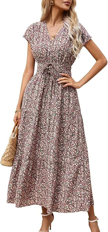 KILIG Women's Summer Dresses 2023 Casual Short Sleeve Wrap V Neck Boho Floral Beach Maxi Dresses ... | Amazon (US)