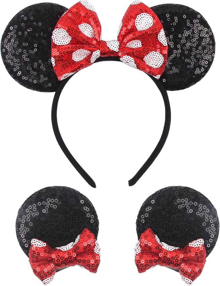 Shiny Mouse Ears Headband and Hair Clips, Glitter Party Princess Decoration with Pink Bow Hair Ac... | Amazon (US)
