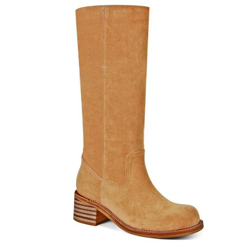 UBWDU Women's Suede Knee High Boots Wide Calf Square Toe Chunky Boots Block Heel Boots for Women Nude 7.5 | Amazon (US)