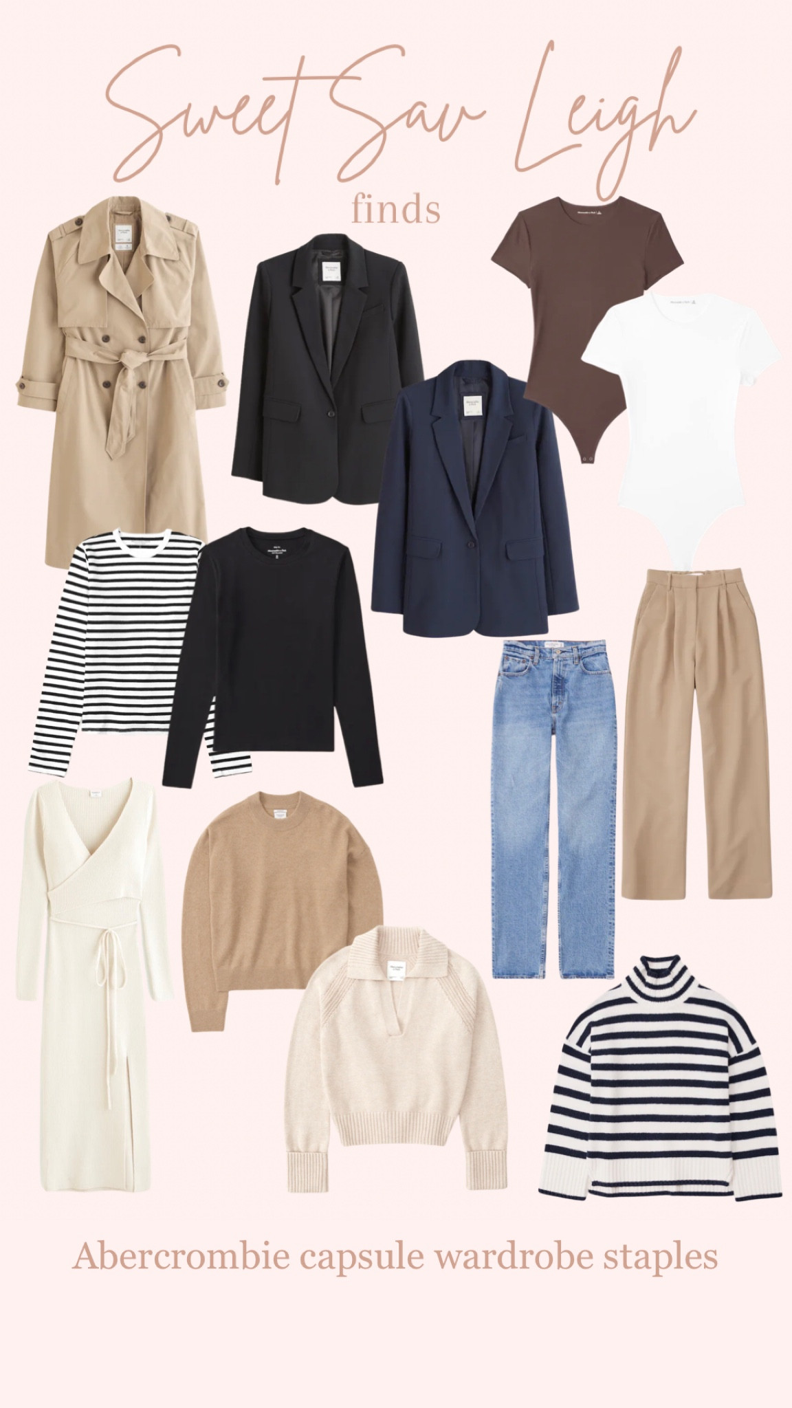 Abercrombie fall and winter capsule wardrobe pieces | trench coat, sweater, fall sweater, staple pieces, striped sweater, women’s trousers, sweater dress 

#LTKSale #LTKSeasonal #LTKstyletip