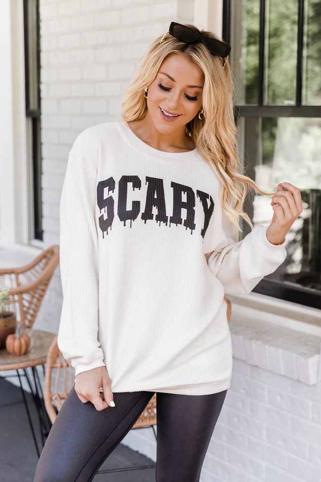 Scary Varsity Ivory Corded Graphic Sweatshirt | The Pink Lily Boutique