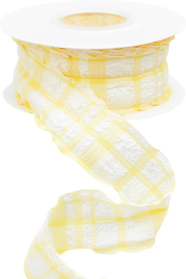 10 Yards 1.5 Inch Yellow Checkered Ribbon Plaid Ribbon Gingham Double Chiffon Ruffled Edge Silk R... | Amazon (US)