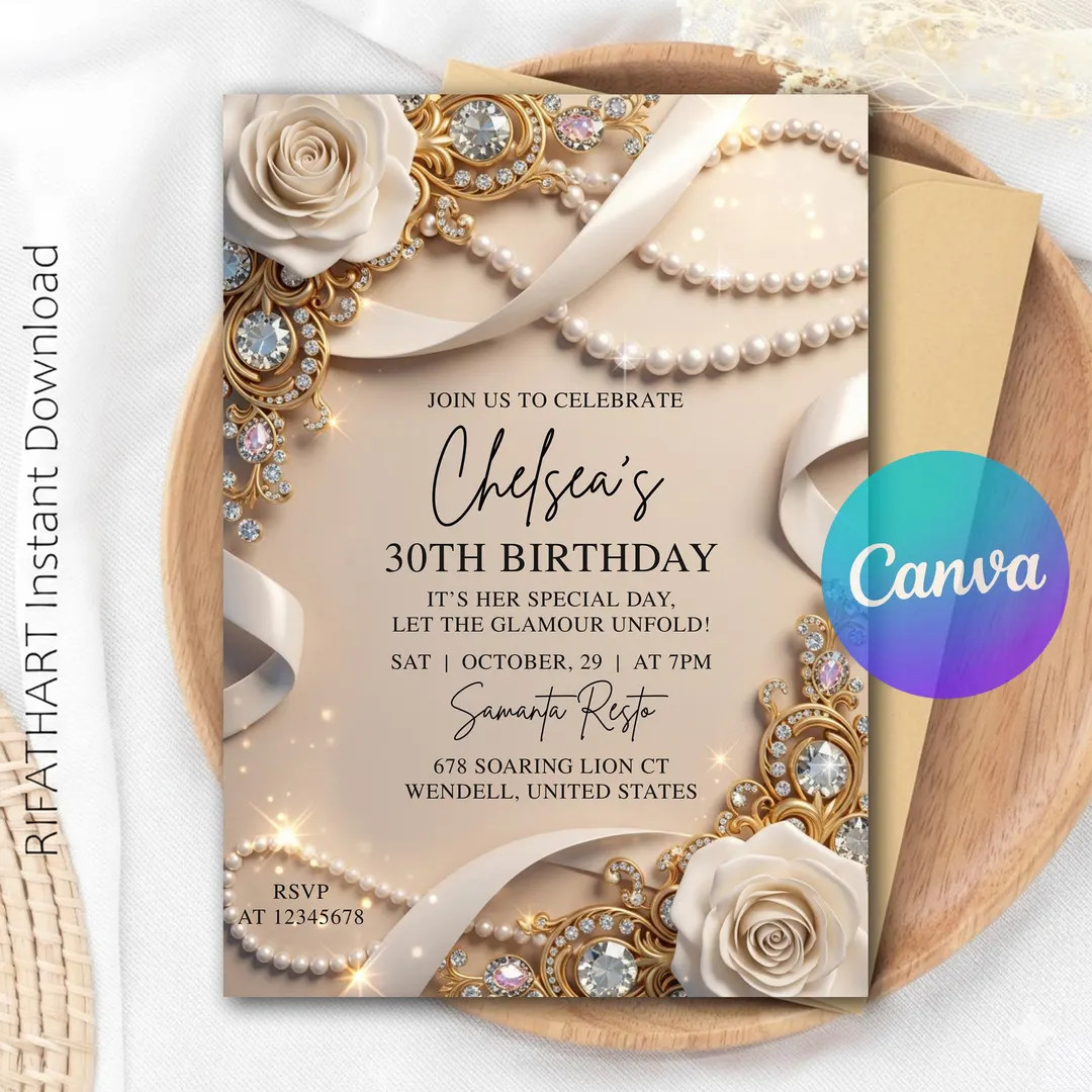 Pearls and Rose Party Invitation, Glam Pearl Birthday Invite, Elegant Adult Birthday, Rose Aesthe... | Etsy (Global)