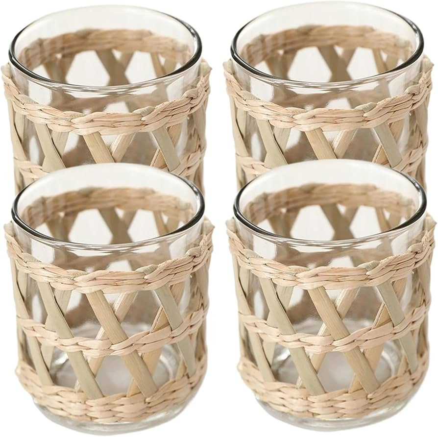 4PCS Boho Candle Holders Rattan Candle Holders with Glass Cups Natural Seagrass Hand Woven Coasta... | Amazon (US)