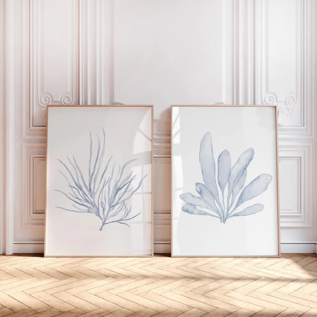 Muted Blue Corals, Minimalist Wall Decor, Seaweed Painting, Set of 2 Prints, Algae, Nautical Home... | Etsy (US)