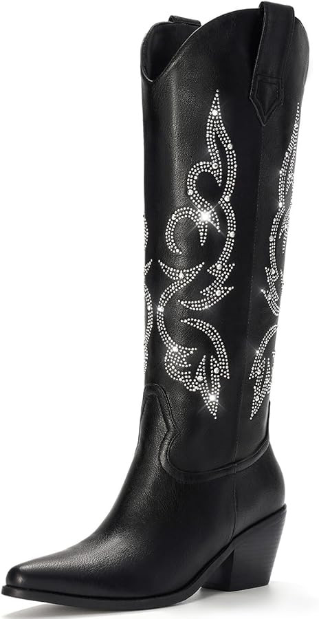 Platikly White Cowboy Boots for Women - Wide Calf Rhinestone Cowgirl Boots, Women Knee High Weste... | Amazon (US)