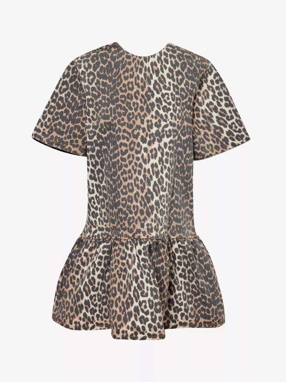 Leopard-print ruffle-hem organic-denim mini dress | Selfridges