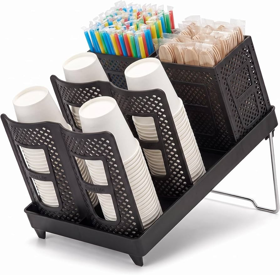 BEWBBAT Paper Cup and Lid Holder with Straw Organizer for Countertop, 6 Compartment Adjustable 2-... | Amazon (US)