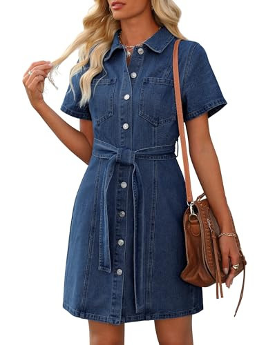 Nitzana Women's Denim Dress Summer Short Sleeve Jean Dress Button Down Denim Shirt Dresses with Pocket 2025 Trendy Outfits(Dark Blue,L) | Amazon (US)
