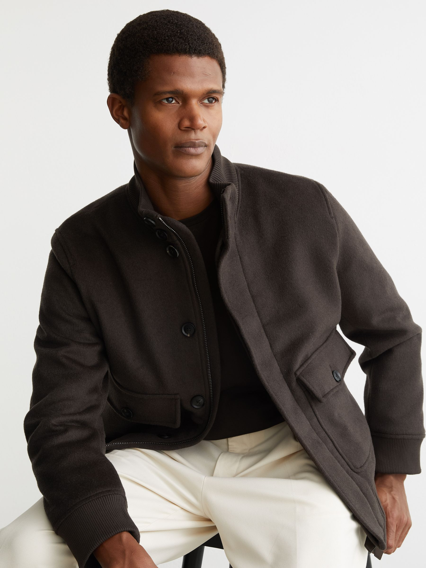 Reiss Wool-Blend Funnel-Neck Bomber Jacket in Chocolate Brown - REISS | Reiss UK