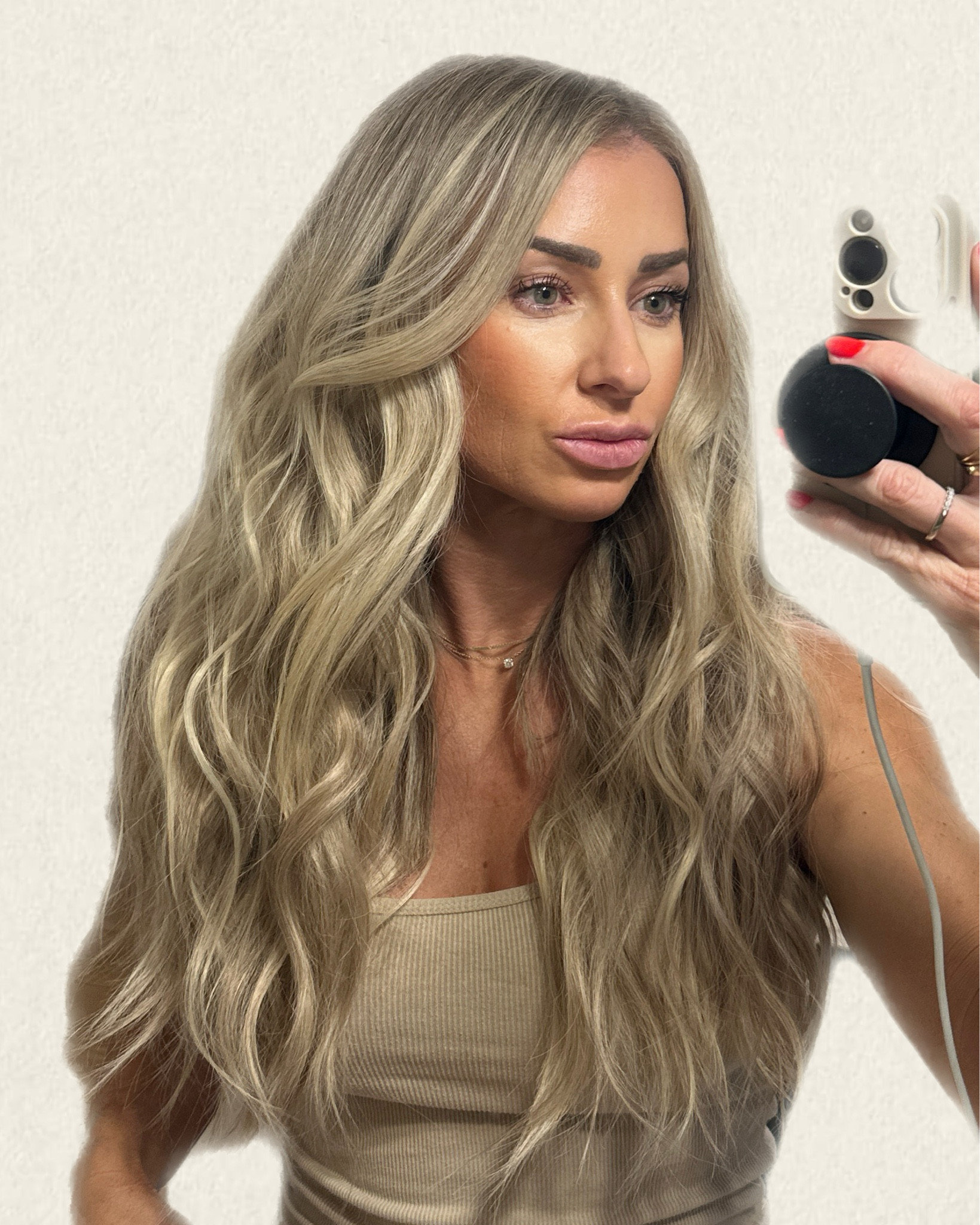 The best dimension, price, and real hair, looking clip in extensions! Recommended by my hairdresser and an Amazon mega find! 
These are the “dirty blond- 20” and have so much blonde variation in them they would work with many different color blondes  