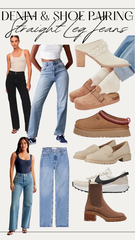 Denim and shoe pairings / shoes to wear with straight leg jeans this fall: platform Uggs, chunky mules, retro sneakers, heeled mules, Birkenstocks, and boots #fallshoes #falloutfits #fallboots 