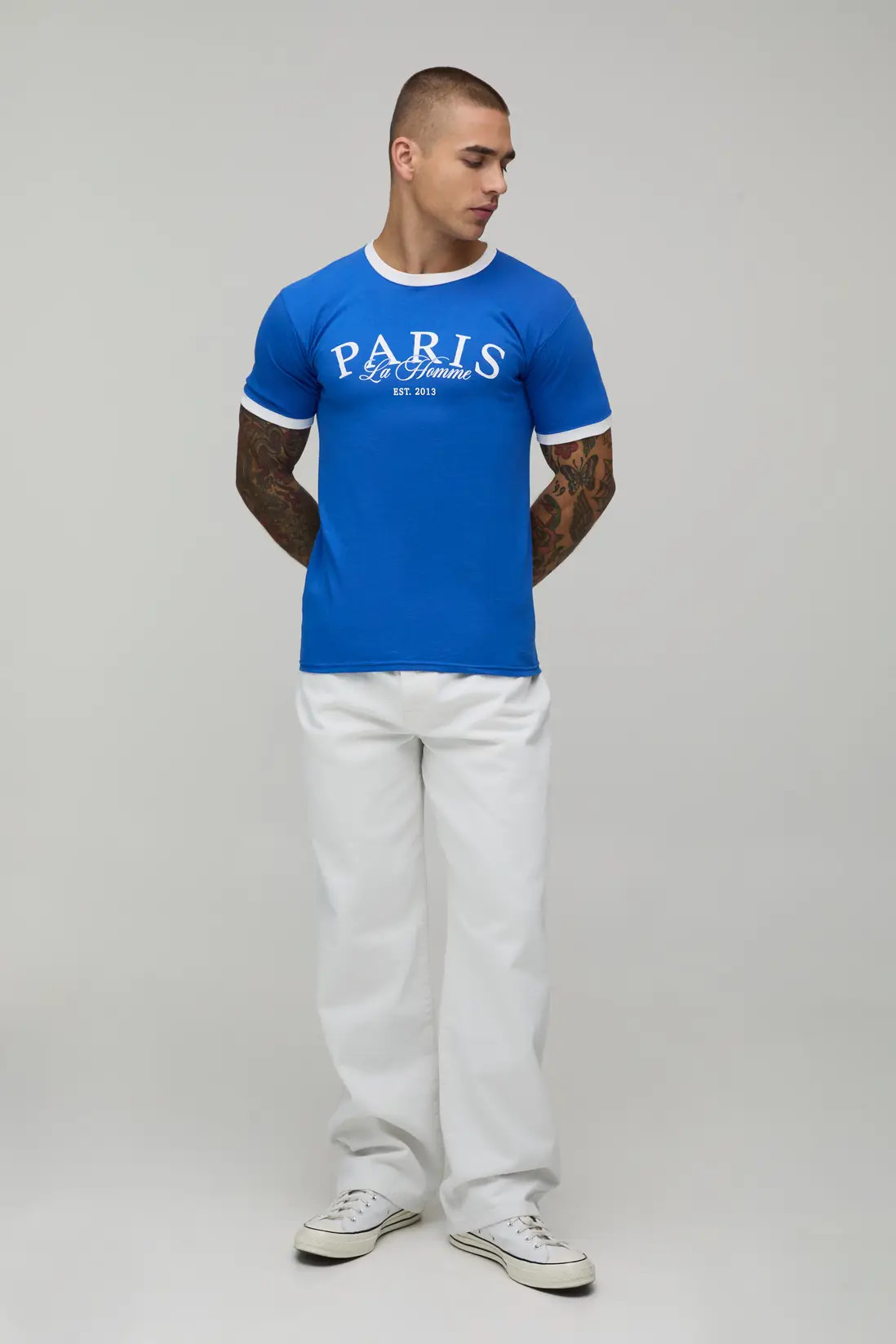 Blue boohooMAN Regular Paris Print Ringer T-Shirt | Boohoo USA | boohoo (US & Canada)