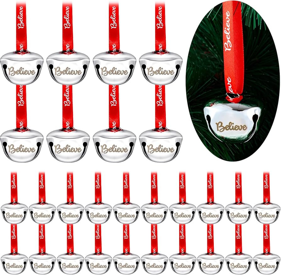 16 Pcs Believe Bell Ornament Christmas Sleigh Bell with Red Ribbon Christmas Bells Bulk Mini Bell... | Amazon (US)