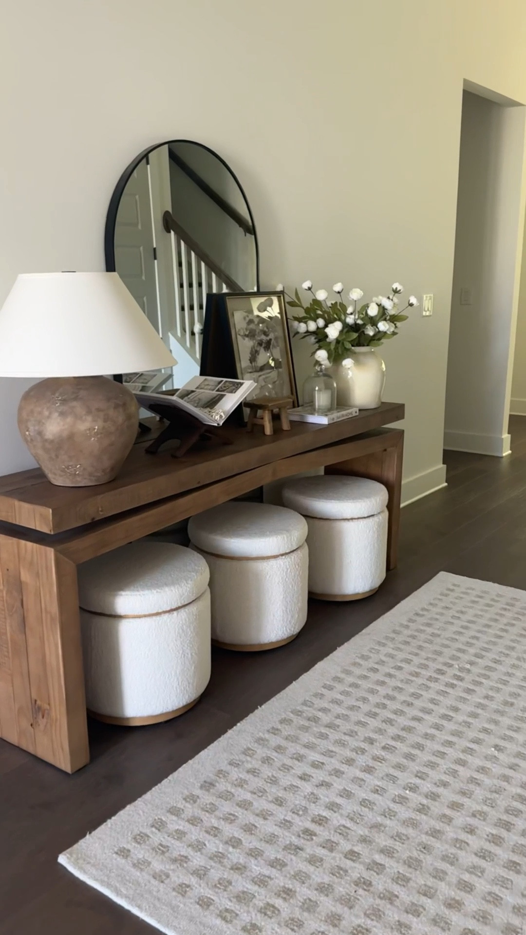 My entryway decor @Wayfair ! This console table has been a best seller for so long! It’s absolutely stunning! I have the color: Sierra Rustic Natural! It pairs beautifully with this neutral rug, storage ottomans, the oversized floor mirror, and the statement lamp! Wayfair has everything you need to create a welcoming and functional entryway! #WayfairPartner #ad #Wayfair #SpringCleaning




#LTKstorytime #LTKHome #LTKSaleAlert