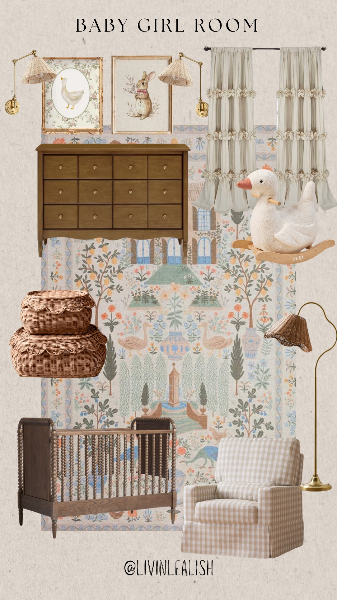 The sweetest baby girl nursery! 🪿#babygirlnursery #nurserytheme 
Floor lamp is from magnolia! 

#LTKKids #LTKBaby #LTKHome