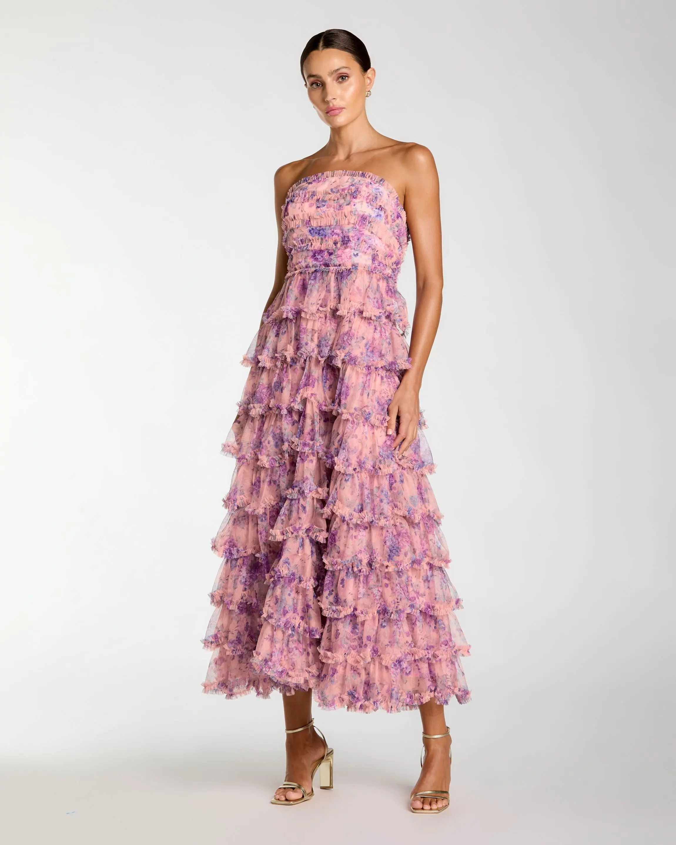 Pink Floral Ruffle Tiered Strapless Midi Dress | Mac Duggal | Mac Duggal
