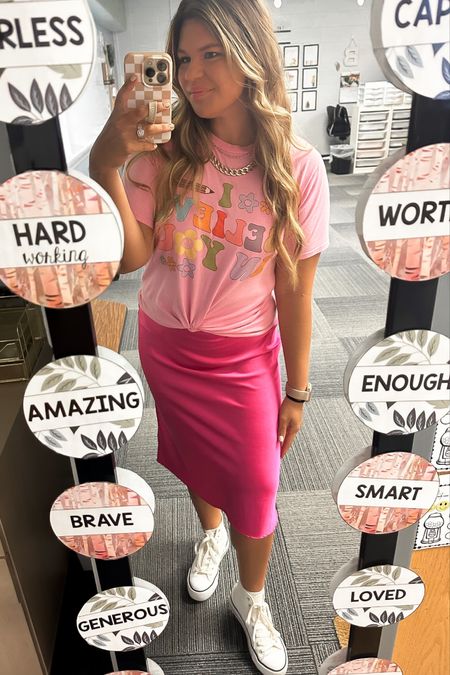 “I Believe in You” Teacher Outfit:
All Pink
Monochrome 
Barbie look
Under $25 high-top shoes

#LTKworkwear #LTKBacktoSchool #LTKsalealert