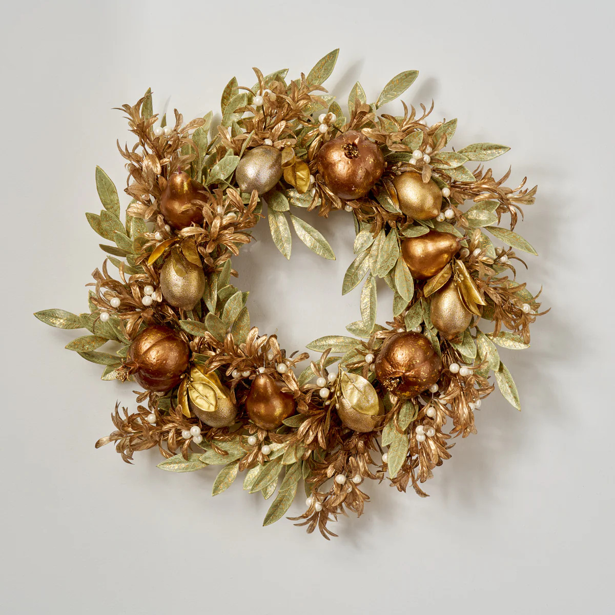 Pearl Mistletoe Christmas Wreath with Gilded Bay Leaf, Gold Lemon, Bronze Pomegranate & Pear | Darby Creek Trading