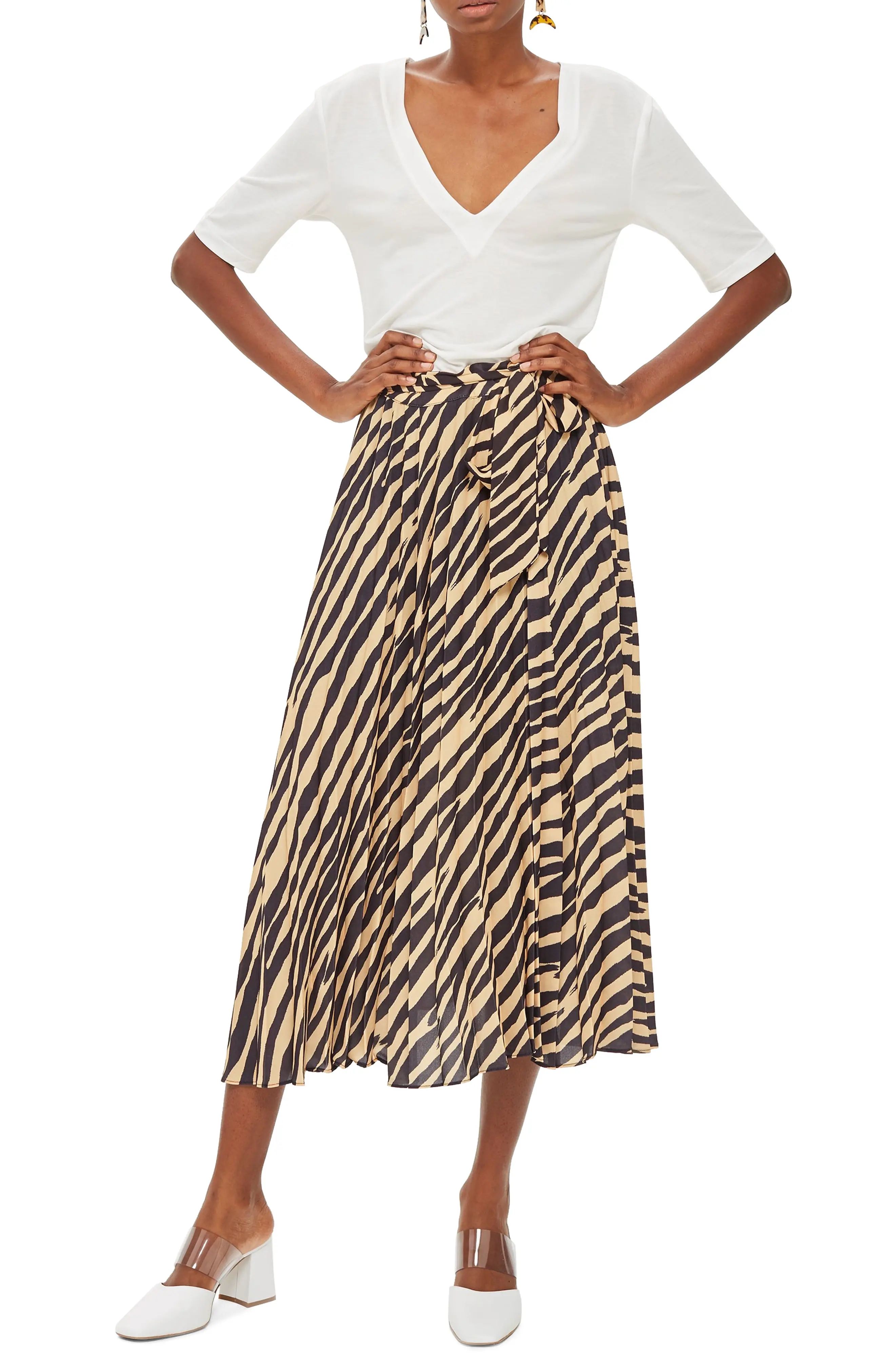 Topshop Zebra Print Pleated Midi Wrap Skirt | Nordstrom