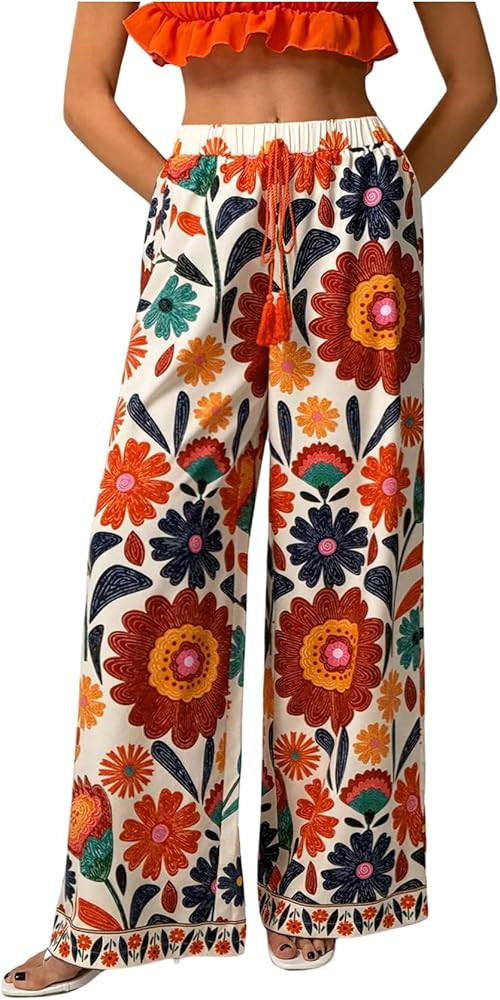 RoseSeek Women's Boho Floral Print Wide Leg Pants Elastic Drawstring Waisted Baggy Pants Vacation... | Amazon (US)