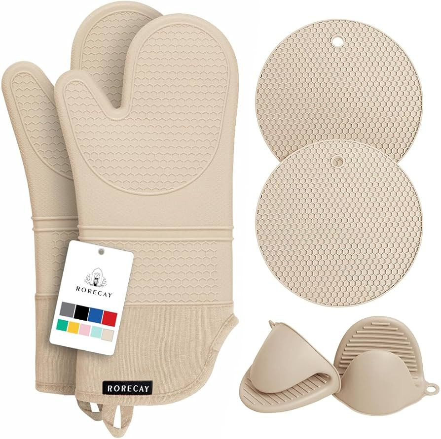 Rorecay Extra Long Oven Mitts and Pot Holders Sets: Heat Resistant Silicone Oven Mittens with Min... | Amazon (US)