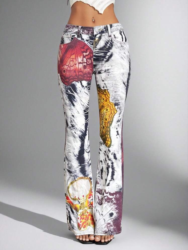 Jeanoix Y2K Vintage Street Fashion Print Women's Casual Denim Jeans Printed Jeans Graphic Jeans Butterfly Print Jeans Jeans With Designs Print Pants Women | SHEIN