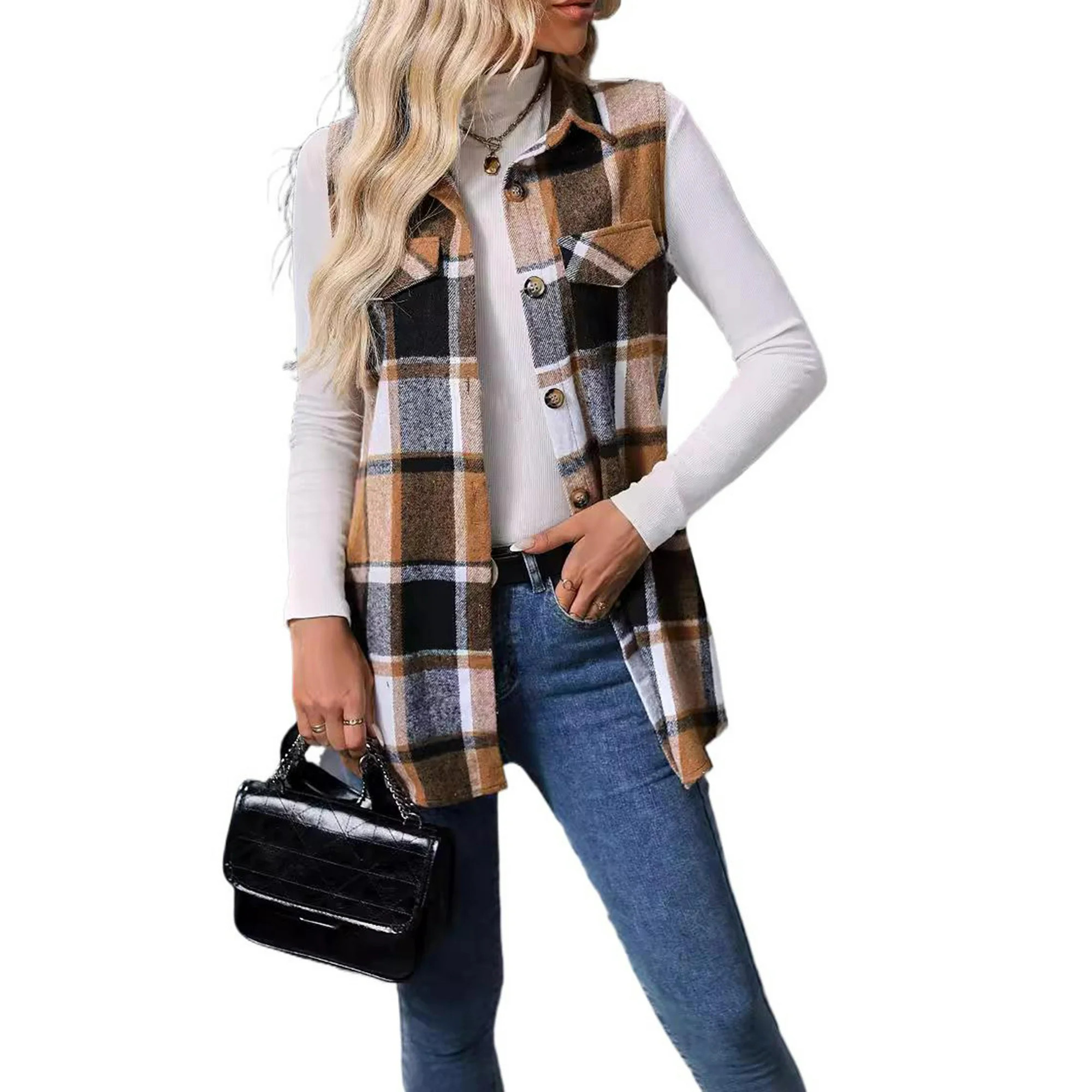 Cuteduck Womens Sleeveless Plaid Vest Wool Blazer Jackets Cardigan Outerwear Fall Winter Tops | Walmart (US)