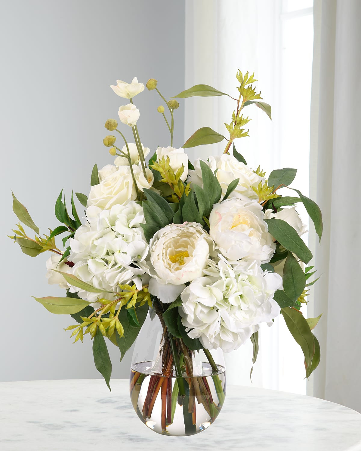 White Hydrangeas & Roses 24" Faux Floral Arrangement in Glass Vase | Neiman Marcus